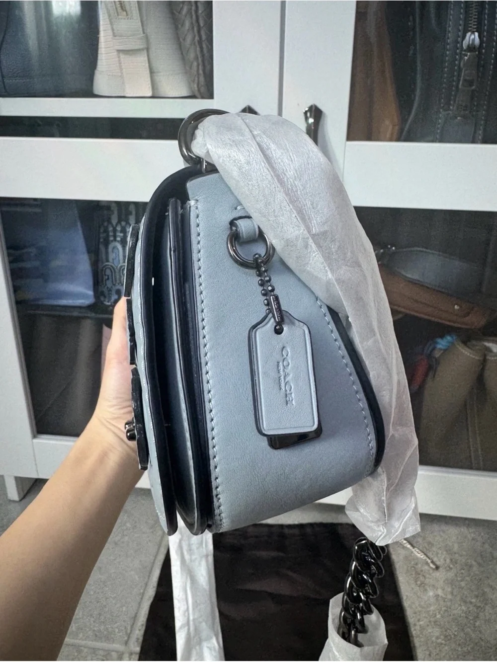 Coach Pale Blue Floral Leather Crossbody with Gunmetal Chain - Picture 8 of 13